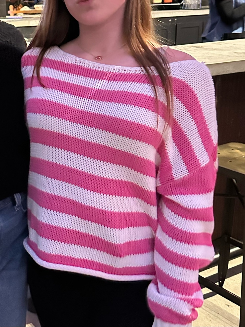 aerie Pink and White Striped Crewneck Sweater
